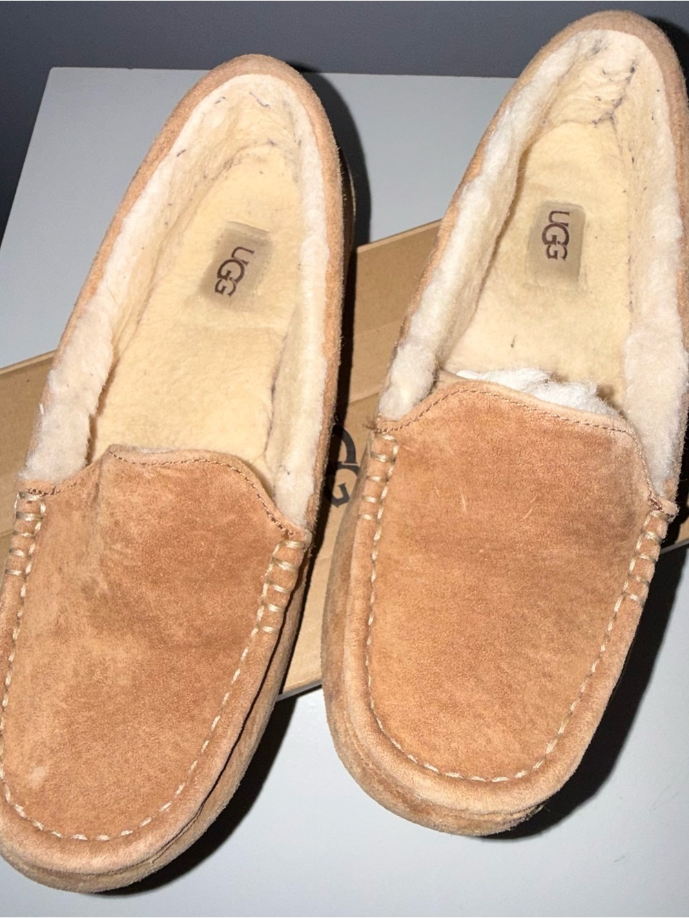 UGG CNN Chestnut Suede Shearling-Lined Moccasin Slippers